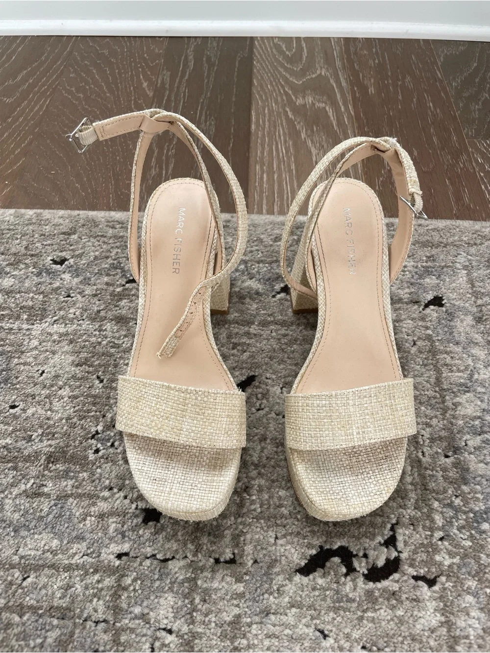 Marc Fisher Beige Raffia Platform Block Heel Sandals